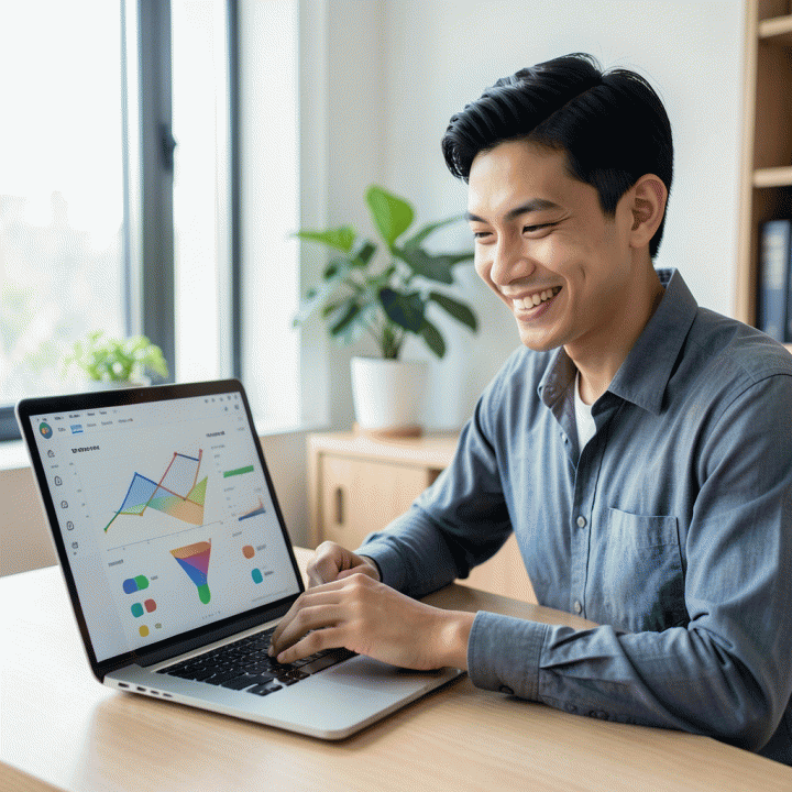 Profesional muda Indonesia melihat dashboard digital yang menunjukkan peningkatan konversi dan keberhasilan karir, melambangkan pengukuran kinerja.