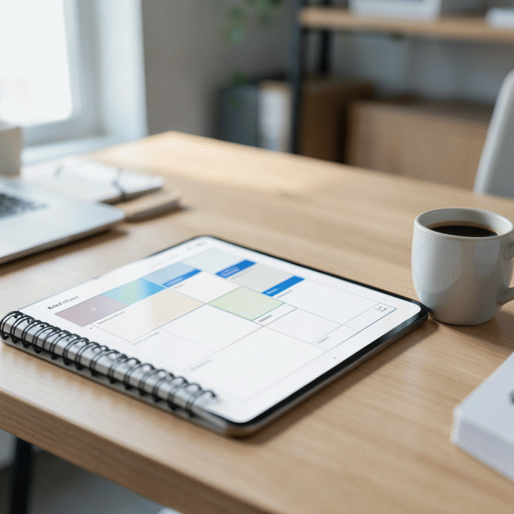Meja kerja minimalis yang terorganisir dengan buku catatan dan tablet yang menampilkan papan Kanban proyek, melambangkan pelacakan pekerjaan.