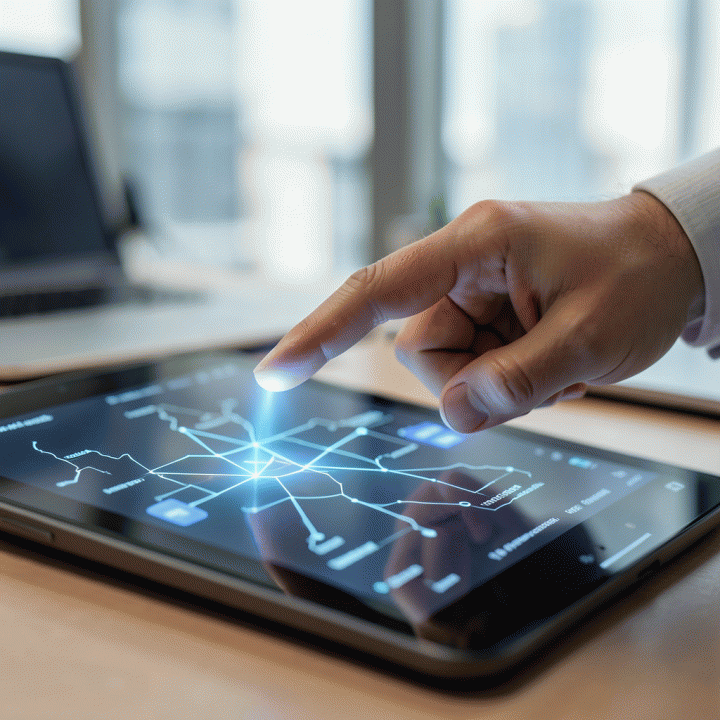 Hand interacting with a digital career tracking map on a tablet screen.