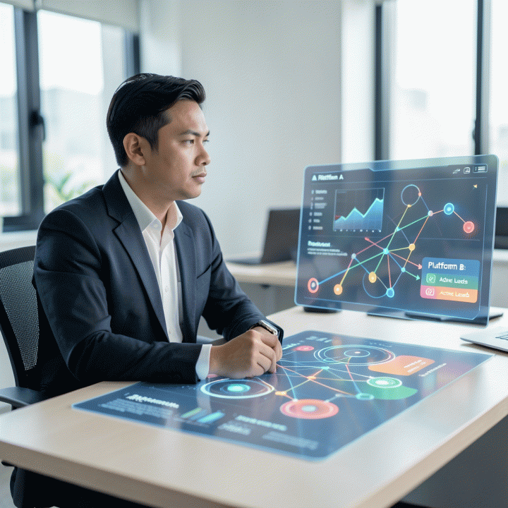 Seorang pencari kerja profesional menganalisis data visual di dashboard digital modern untuk mengukur efektivitas platform pencarian kerja.