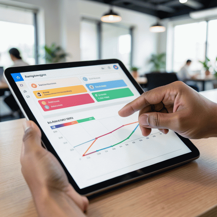 Tangan yang sedang melacak status lamaran dan prospek kerja pada dashboard digital yang bersih dan terorganisir.
