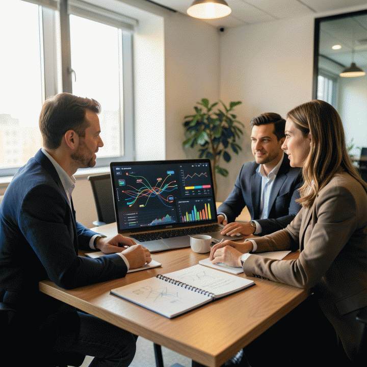 Dua pemilik agensi kreatif sedang berkolaborasi di ruang kerja modern, menganalisis data keuangan dan operasional yang terintegrasi pada layar digital, melambangkan pengelolaan profitabilitas bisnis.