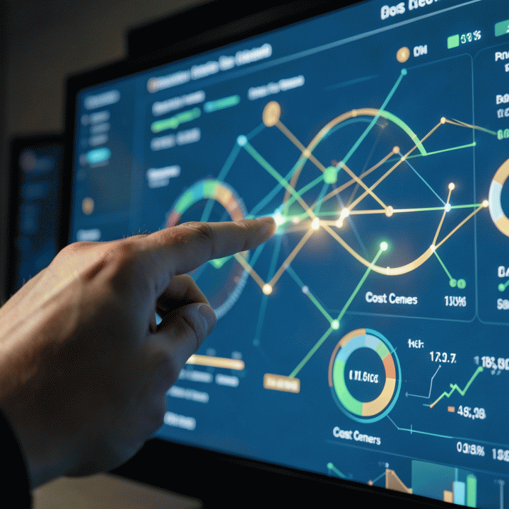 Tampilan dashboard keuangan digital yang kompleks dan abstrak, menunjukkan analisis terpadu antara pendapatan, biaya, dan proyek, melambangkan kontrol finansial agensi.