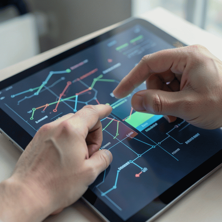 Tangan menganalisis data profitabilitas pada dashboard digital yang abstrak dan modern.