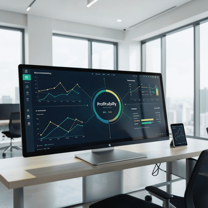 Dashboard digital yang modern dan canggih menampilkan analisis profitabilitas terpadu untuk bisnis freelancer, dengan grafik yang menghubungkan data proyek, klien, dan keuangan.