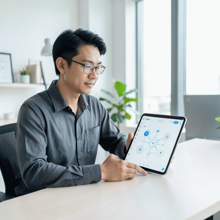 Freelancer profesional menggunakan tablet yang menampilkan dashboard terpadu untuk mengelola proyek dan keuangan secara efisien.