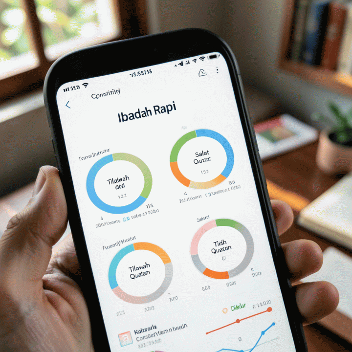 Tampilan dekat antarmuka aplikasi pelacak ibadah digital modern yang menunjukkan progres kebiasaan ibadah harian.
