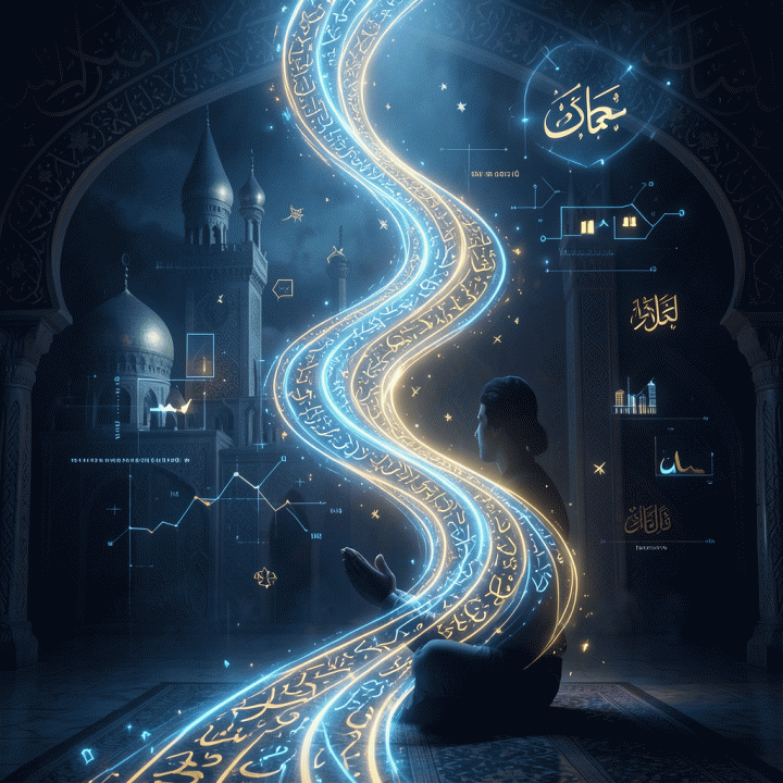 Visualisasi konseptual tentang aliran momentum spiritual yang konsisten, menggabungkan seni Islam dengan elemen grafik data.
