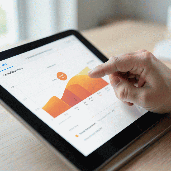 Tangan seorang pengguna berinteraksi dengan tablet yang menampilkan visualisasi data rentang harga dan titik harga optimal untuk e-commerce.