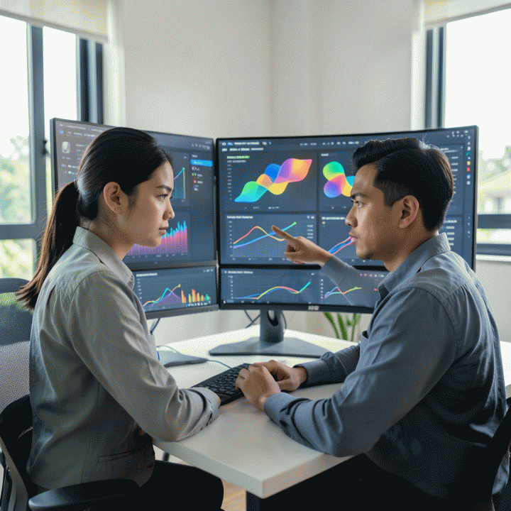 Seorang penjual e-commerce profesional di Indonesia sedang menganalisis data kompleks harga dan tren pasar pada monitor multi-layar di meja kerjanya, menunjukkan strategi optimalisasi bisnis.