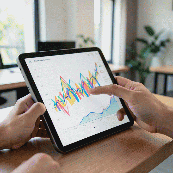 Tangan yang sedang menganalisis grafik rentang harga produk di layar tablet, menunjukkan penentuan harga optimal.