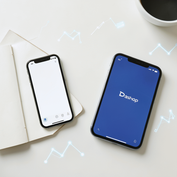 Tata letak overhead dari alat bisnis e-commerce (smartphone, notebook, perangkat analitik) yang menyimbolkan perencanaan strategi harga di Shopee.