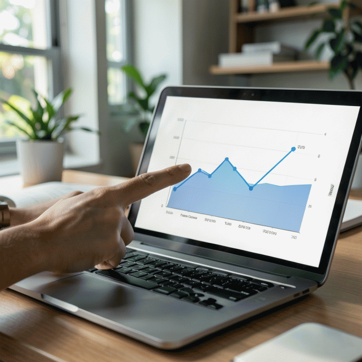 Tangan menunjuk ke grafik analisis data harga kompetitor di laptop, menunjukkan titik harga optimal.