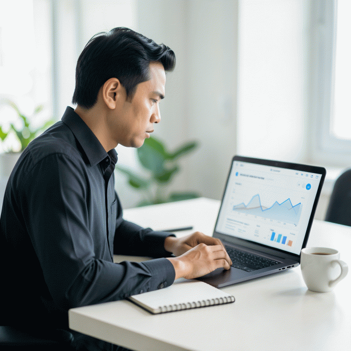 Seorang penjual e-commerce profesional di Indonesia sedang menganalisis data harga kompetitor di laptop untuk menentukan harga jual optimal di Shopee.