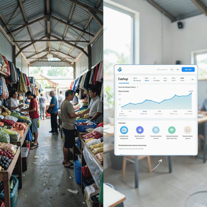 Perbandingan antara tampilan marketplace yang ramai dan dashboard analitik yang terstruktur, menunjukkan solusi optimalisasi bisnis.