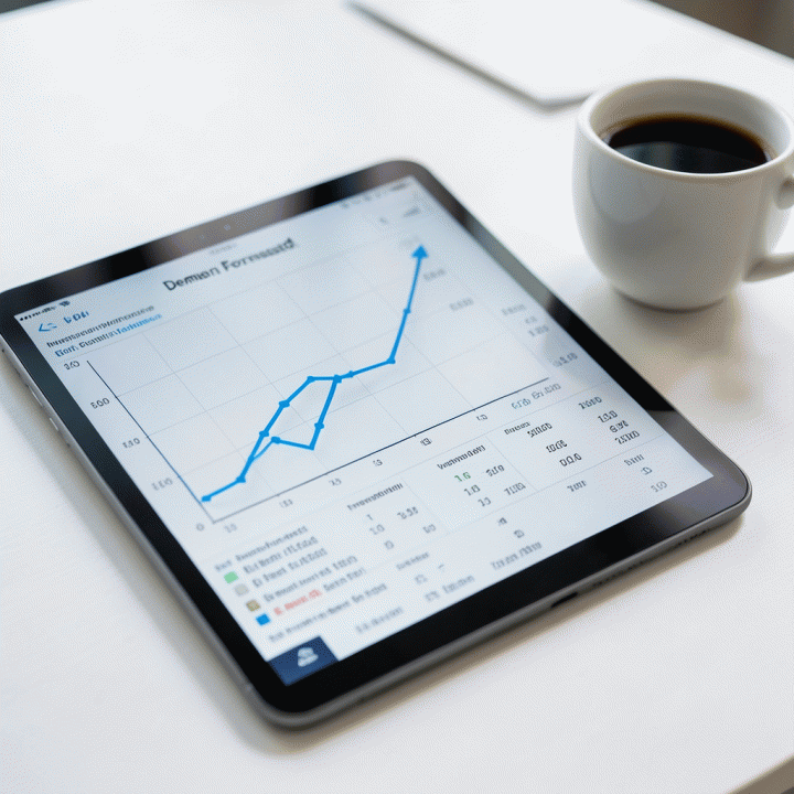 Tampilan dashboard analitik di tablet yang menunjukkan kurva tren permintaan bisnis rental yang meningkat, membantu perencanaan inventaris.