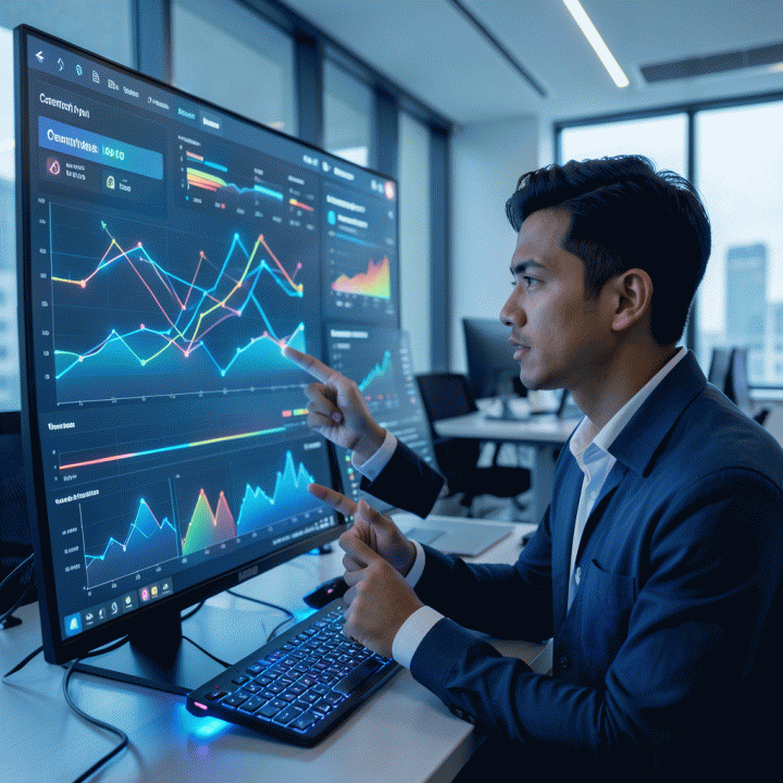 Seorang manajer pemasaran profesional meninjau dasbor data visualisasi yang kompleks di laptop, menunjukkan penemuan pola tren iklan yang otomatis dan actionable.