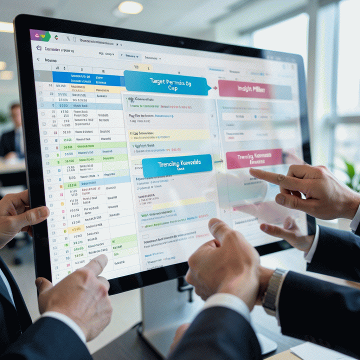 Kolaborasi marketer di sekitar layar digital yang mengubah data mentah kompetitor yang rumit menjadi tiga pilar insight marketing yang jelas.