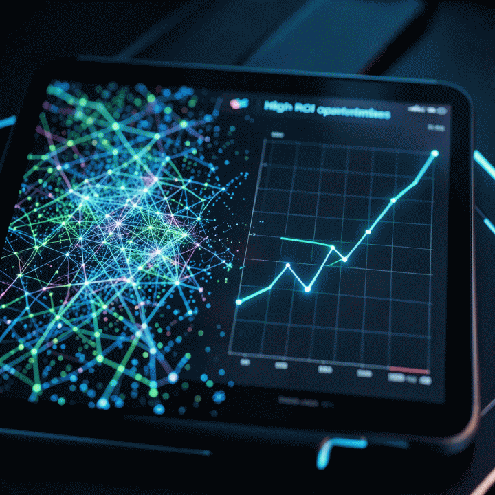 Visualisasi data tren yang kompleks menunjukkan transisi dari data mentah yang berantakan menjadi garis prediksi kenaikan ROI yang jelas dan terukur.
