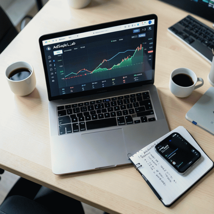 Meja kerja performance marketer yang rapi dengan laptop menampilkan dasbor analitik, menandakan fokus pada interpretasi data untuk pengambilan keputusan.