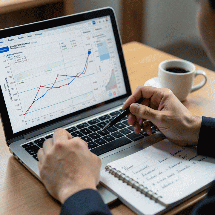 Close-up tangan sedang menganalisis grafik tren keuangan pada spreadsheet laptop, menunjukkan proses analisis mendalam.