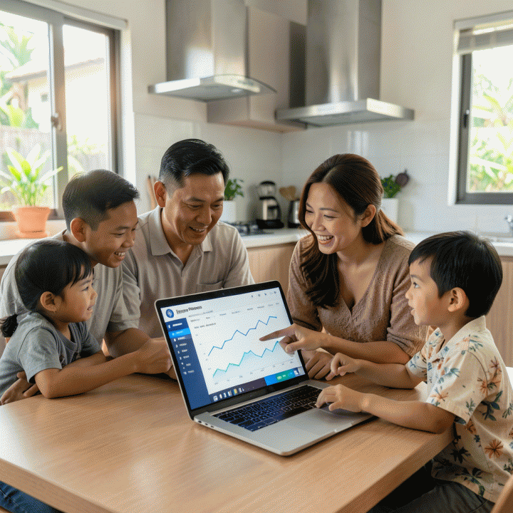 Keluarga Indonesia yang sedang menganalisis tren keuangan dan merencanakan anggaran di meja makan modern menggunakan laptop, menampilkan suasana perencanaan keuangan yang cerah dan kolaboratif.
