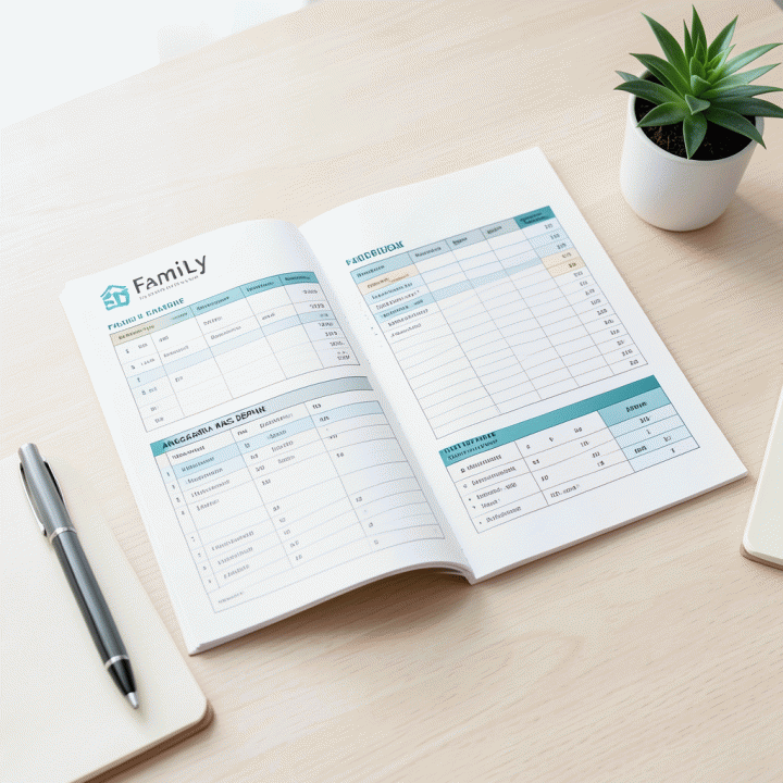 Tampilan Family Planner spreadsheet yang rapi dan terstruktur di atas meja kerja modern, menekankan perencanaan anggaran jangka panjang.