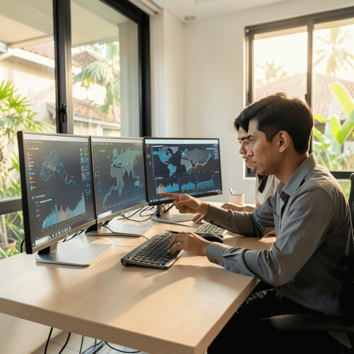 Dua profesional muda Indonesia yang sedang menganalisis tren data pasar global di meja kerja modern, menunjukkan strategi bisnis dan pertumbuhan e-commerce.