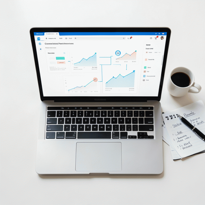 Pandangan atas laptop dashboard analitik bisnis yang menunjukkan optimasi profit dan performa penjualan e-commerce.