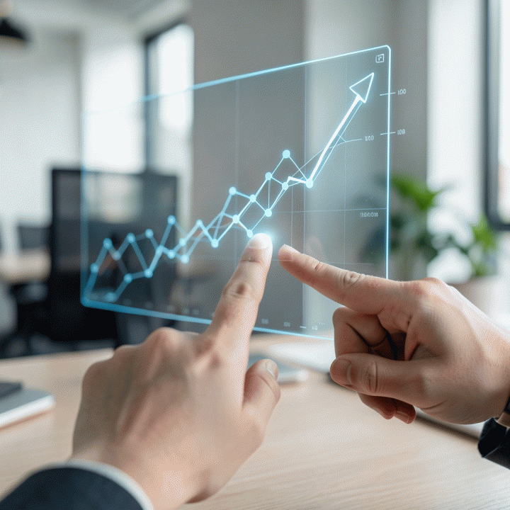 Visualisasi data holografik yang menunjukkan tren pasar global dan peningkatan omzet e-commerce, siap dianalisis.