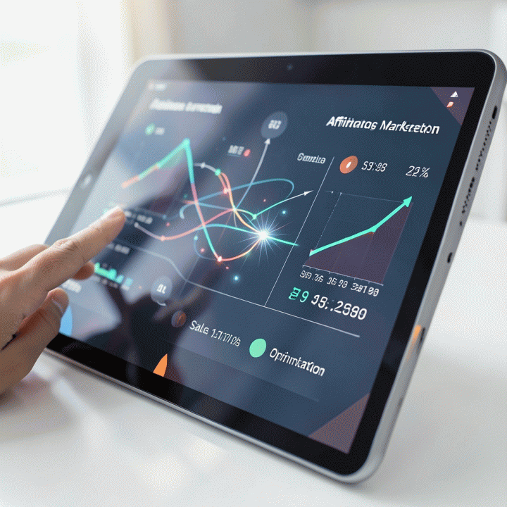 Hand interacting with a tablet visualizing affiliate marketing data flow and growth strategy.