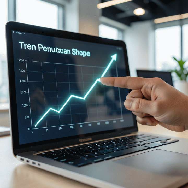 Jari menunjuk garis tren kenaikan pada grafik data penjualan e-commerce yang menunjukkan potensi profit.