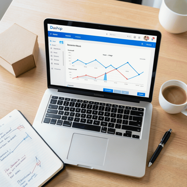 Tata letak datar meja kerja yang berisi laptop Dashop, data analitik, dan alat tulis, menunjukkan proses riset strategi bisnis e-commerce.