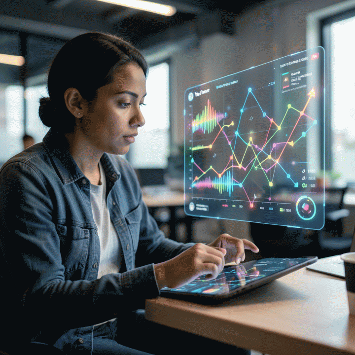 Seorang content creator modern menganalisis data tren media sosial yang kompleks dan viral pada layar holografik, melambangkan strategi konten digital yang sukses.