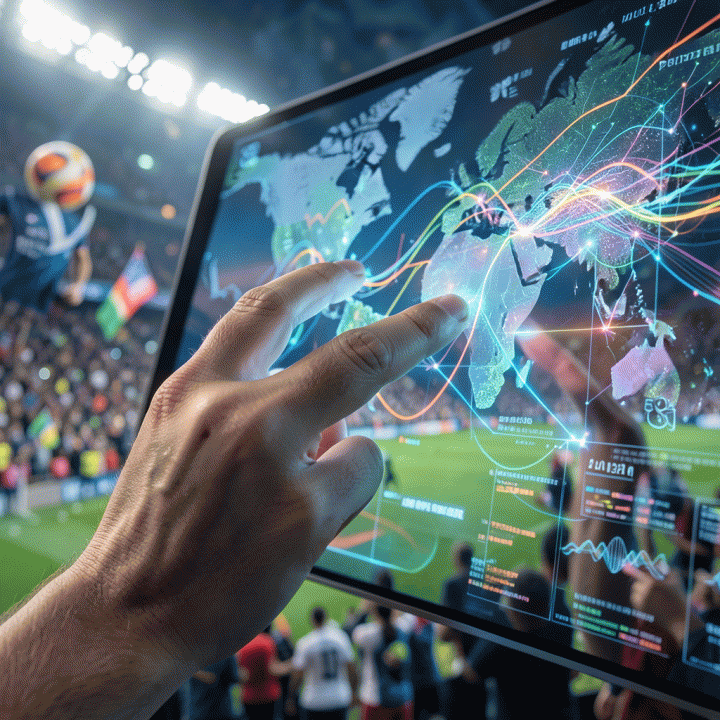 Tangan seorang profesional yang berinteraksi dengan antarmuka hologram AI yang menampilkan tren dan ide konten kreatif.