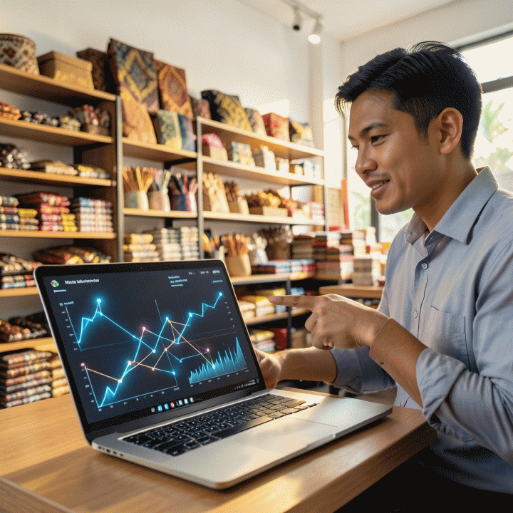 Seorang penjual online Indonesia yang profesional menunjuk ke layar laptop yang menampilkan visualisasi data analitik yang canggih dan bercahaya, melambangkan peningkatan penjualan toko e-commerce menggunakan data di masa depan.