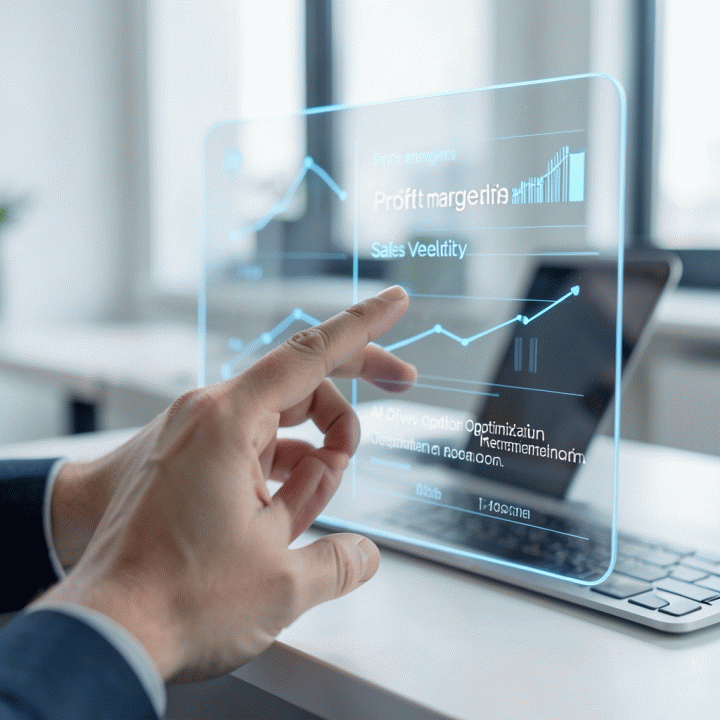 Tangan menganalisis data bisnis penting (profit dan omzet) pada layar digital futuristik.