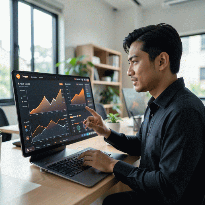 Seorang penjual e-commerce profesional Indonesia menggunakan dasbor analitik digital futuristik untuk mengoptimalkan tren bisnis dan penjualan di Shopee.
