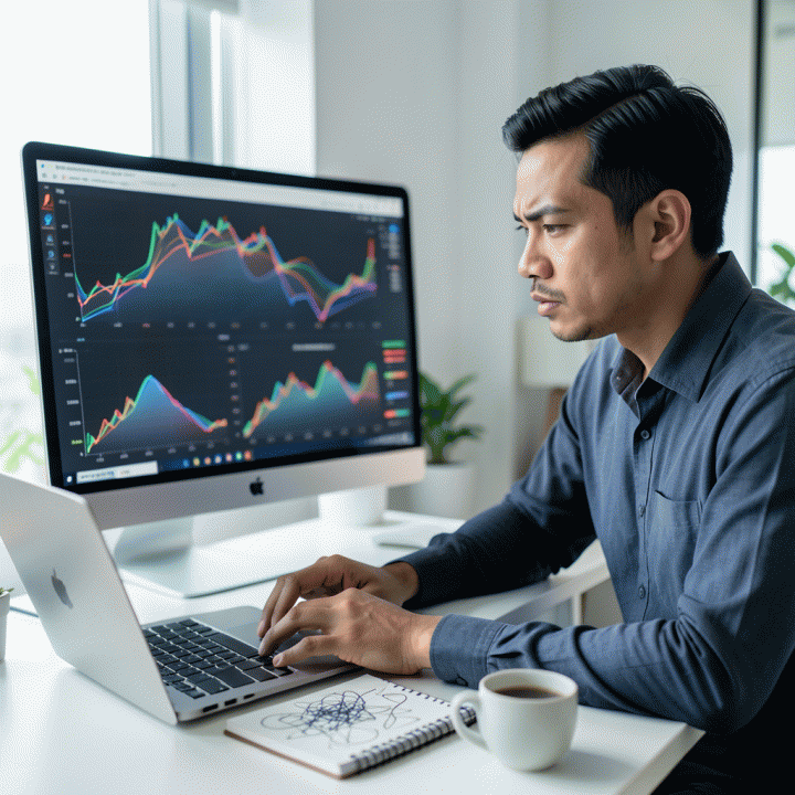Seorang penjual online Indonesia menganalisis data analitik harga kompetitor di layar monitor besar yang menunjukkan grafik dan grafik omzet e-commerce yang kompleks dan berwarna.