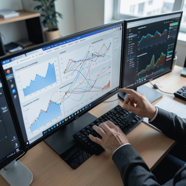 Tampilan multi-monitor yang menampilkan grafik dan dashboard analitik kompetitor secara real-time, menunjukkan pemantauan pasar yang mendalam.