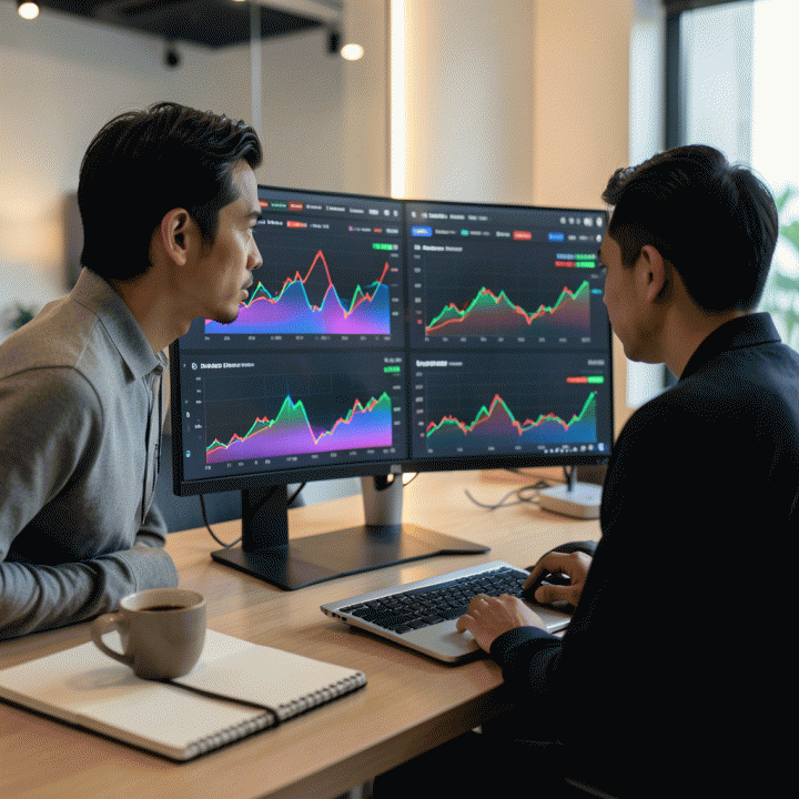 Seorang profesional muda Indonesia di ruang kerja modern sedang menganalisis dashboard data analitik kompetitor yang kompleks di layar monitor, menunjukkan strategi optimasi harga produk e-commerce.