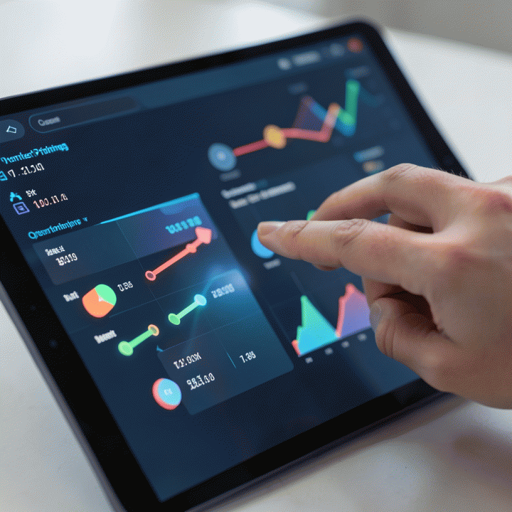 Tangan menunjuk ke dashboard analitik pada tablet yang menunjukkan perbandingan data harga dan rekomendasi optimalisasi produk.