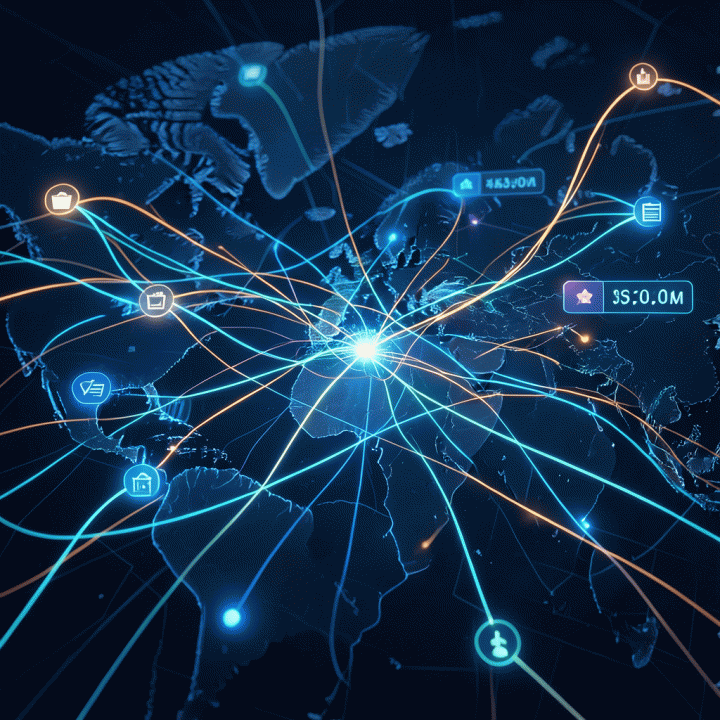Visualisasi abstrak aliran data pasar yang menunjukkan koneksi antara harga, produk, dan posisi kompetitif di platform e-commerce.