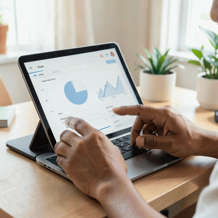 Tangan seseorang yang sedang meninjau dan mengisi data anggaran keluarga pada layar tablet modern.