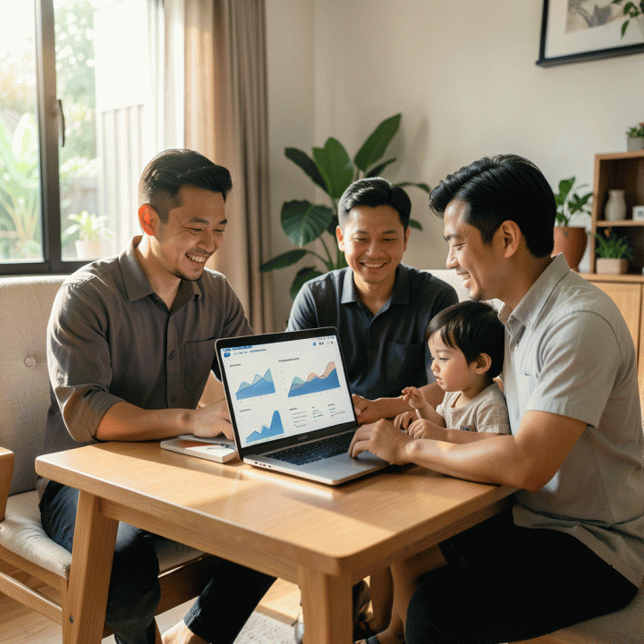 Keluarga Indonesia yang sedang berdiskusi dan merencanakan anggaran keuangan di rumah modern, dengan fokus pada visualisasi data yang terstruktur di laptop.