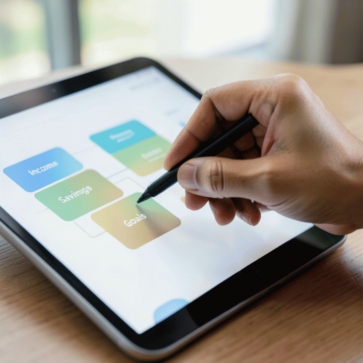 Tangan yang sedang berinteraksi dengan dashboard keuangan digital yang abstrak dan terstruktur di tablet.