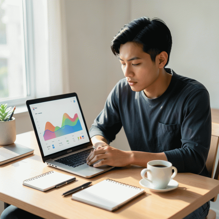 Mahasiswa Indonesia yang fokus merencanakan anggaran keuangan di meja belajar yang rapi dengan laptop dan perlengkapan produktivitas.