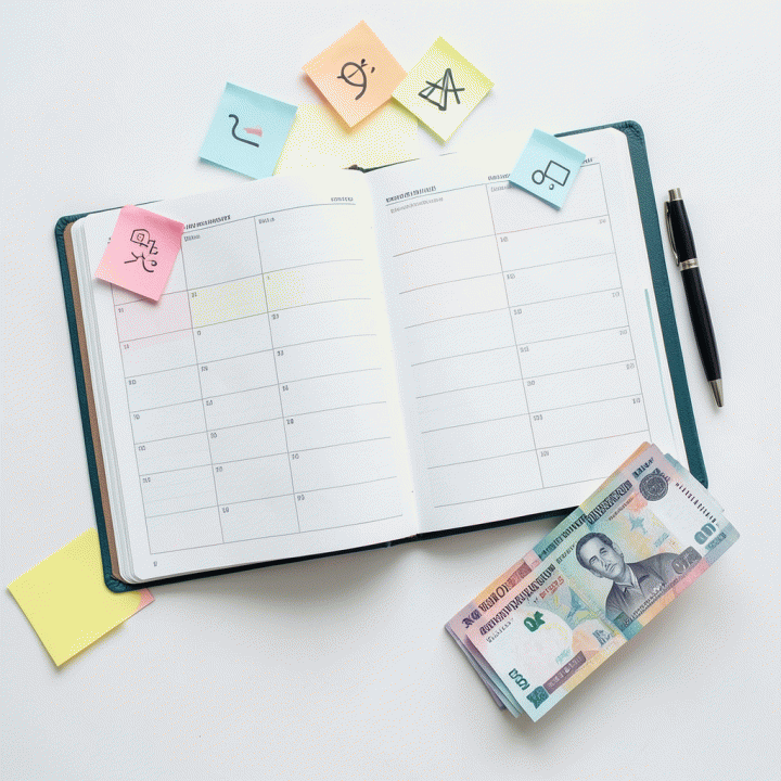 Tampilan datar (flat lay) dari perlengkapan perencanaan keuangan: buku agenda, catatan tempel, dan uang tunai yang tertata rapi.