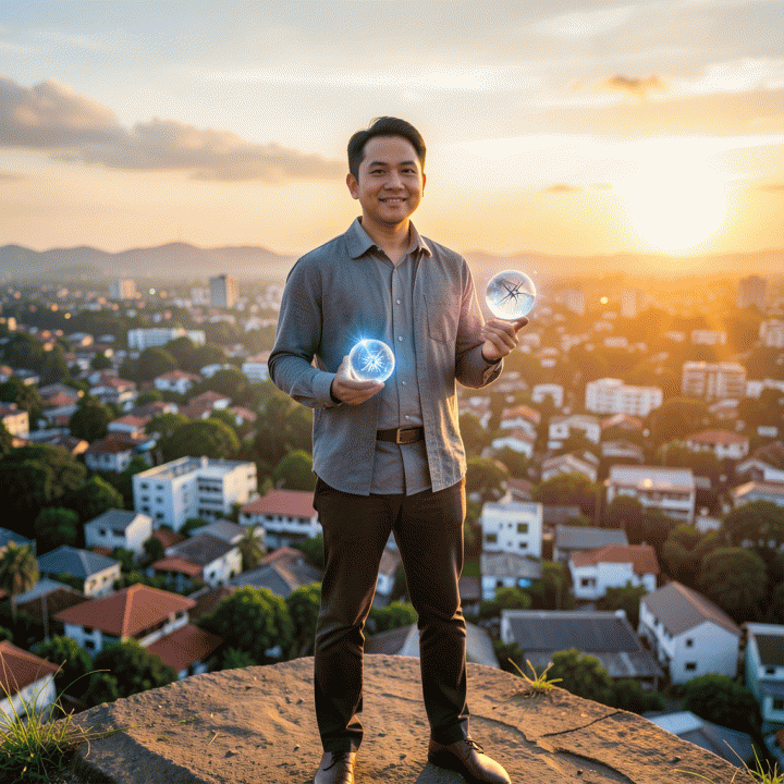 Seseorang berdiri di atas tempat tinggi dengan latar belakang kota yang indah saat matahari terbit, melambangkan kebebasan dan stabilitas finansial setelah bebas utang.