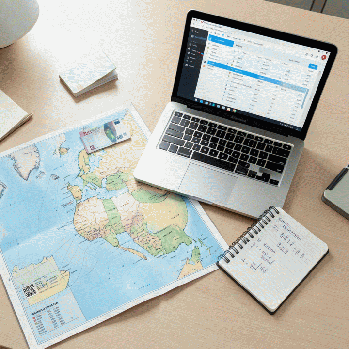 Tampilan atas (overhead) dari perencanaan perjalanan yang rapi, menampilkan peta, digital planner, dan rencana anggaran yang terorganisir di meja.